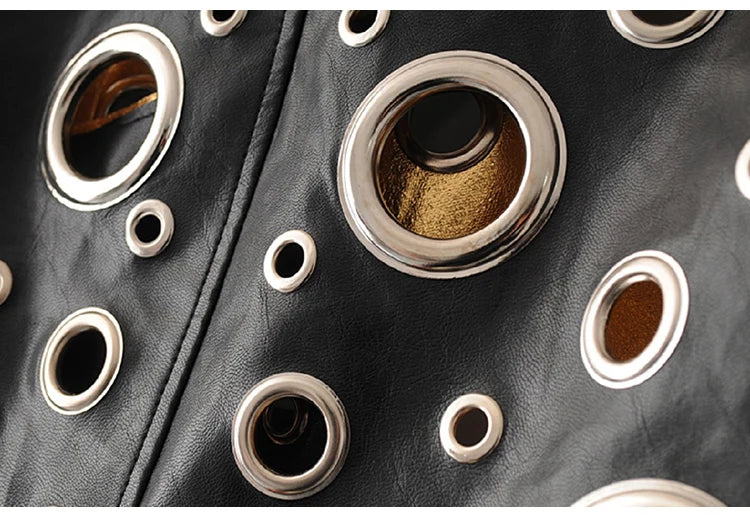 Jaqueta curta de couro sintético Lautaro Runway com recorte dourado e rebite, roupas de grife estilosas e estilosas para mulheres, moda europeia e americana 2022