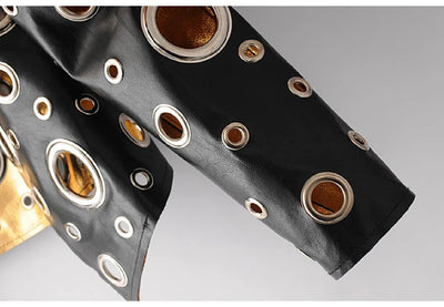 Jaqueta curta de couro sintético Lautaro Runway com recorte dourado e rebite, roupas de grife estilosas e estilosas para mulheres, moda europeia e americana 2022