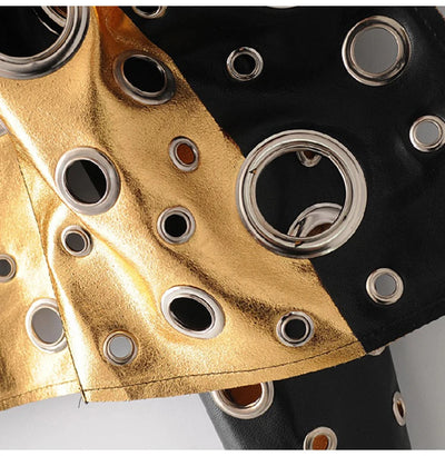 Jaqueta curta de couro sintético Lautaro Runway com recorte dourado e rebite, roupas de grife estilosas e estilosas para mulheres, moda europeia e americana 2022