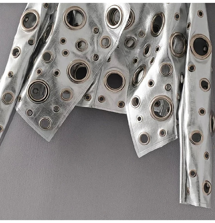 Jaqueta curta de couro sintético Lautaro Runway com recorte dourado e rebite, roupas de grife estilosas e estilosas para mulheres, moda europeia e americana 2022