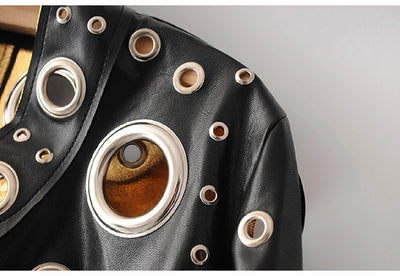 Jaqueta curta de couro sintético Lautaro Runway com recorte dourado e rebite, roupas de grife estilosas e estilosas para mulheres, moda europeia e americana 2022