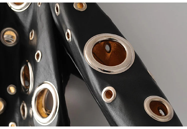 Jaqueta curta de couro sintético Lautaro Runway com recorte dourado e rebite, roupas de grife estilosas e estilosas para mulheres, moda europeia e americana 2022