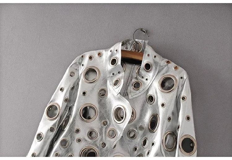 Jaqueta curta de couro sintético Lautaro Runway com recorte dourado e rebite, roupas de grife estilosas e estilosas para mulheres, moda europeia e americana 2022