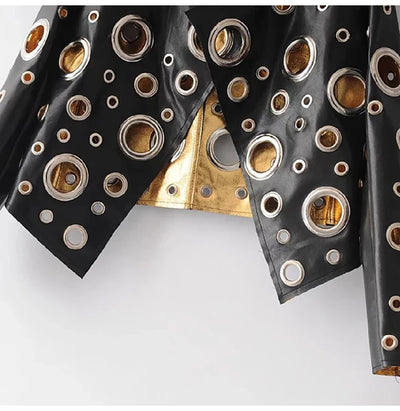 Jaqueta curta de couro sintético Lautaro Runway com recorte dourado e rebite, roupas de grife estilosas e estilosas para mulheres, moda europeia e americana 2022