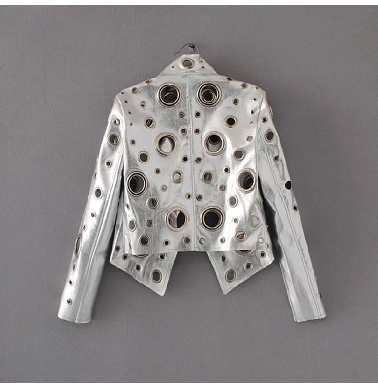 Jaqueta curta de couro sintético Lautaro Runway com recorte dourado e rebite, roupas de grife estilosas e estilosas para mulheres, moda europeia e americana 2022