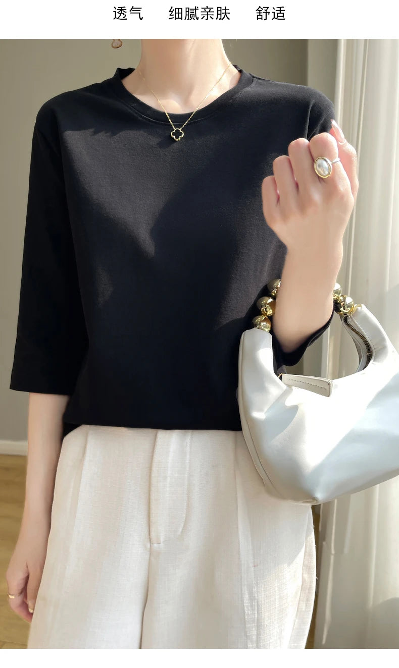 Camiseta feminina de manga curta de algodão mercerizado branco, nova primavera e verão, coringa, algodão, manga curta, camisa