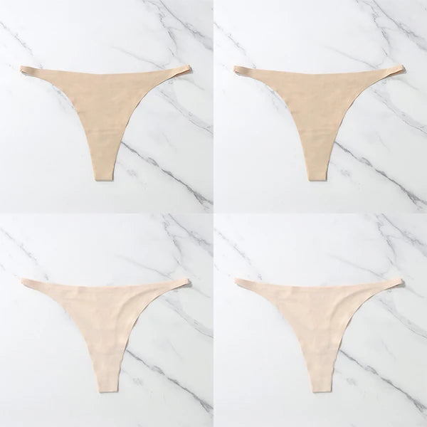 Lote com 4 peças de calcinhas sensuais sem costura, roupa íntima feminina, com cordão de seda gelo, cintura fina, tanga feminina, lisa, tanga feminina, costas nuas