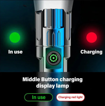 Lanterna LED de alta potência 2000LM, lanterna tática com luz de exibição, carregamento USB, acampamento, pesca, emergência, zoom