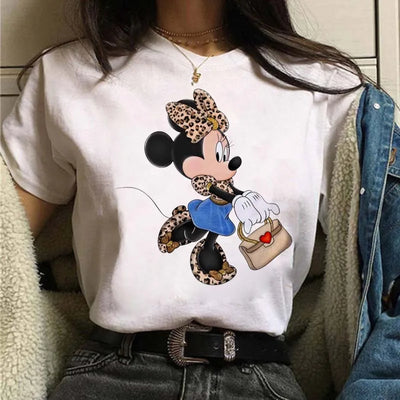 Camisetas fofas de desenho animado da Disney, Mickey Mouse, estampa de leopardo, Minnie, camiseta feminina, verão, branca, manga curta, gola redonda, tops masculinos