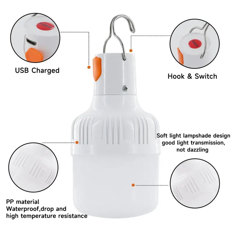 Lâmpadas LED recarregáveis USB para áreas externas, alto brilho, luz de emergência, conexão para acampamento, pesca, lanterna portátil, luz noturna
