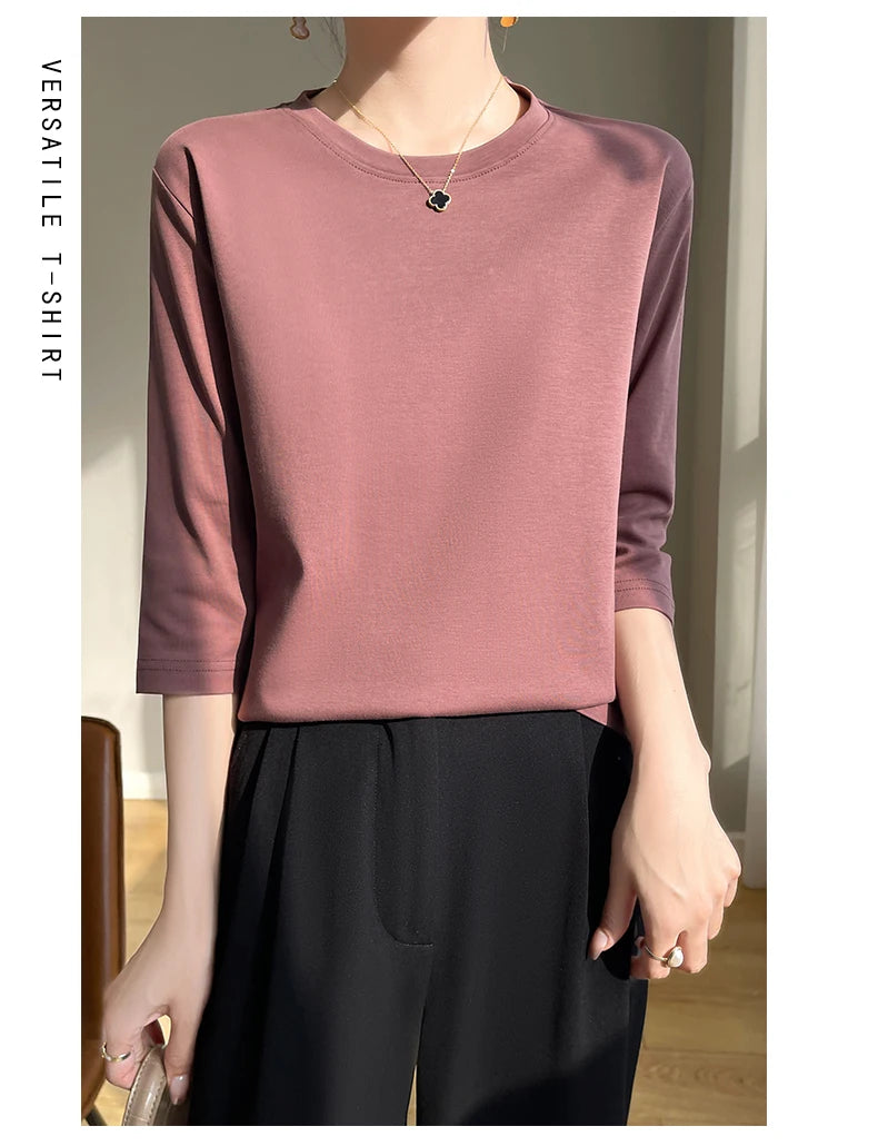 Camiseta feminina de manga curta de algodão mercerizado branco, nova primavera e verão, coringa, algodão, manga curta, camisa