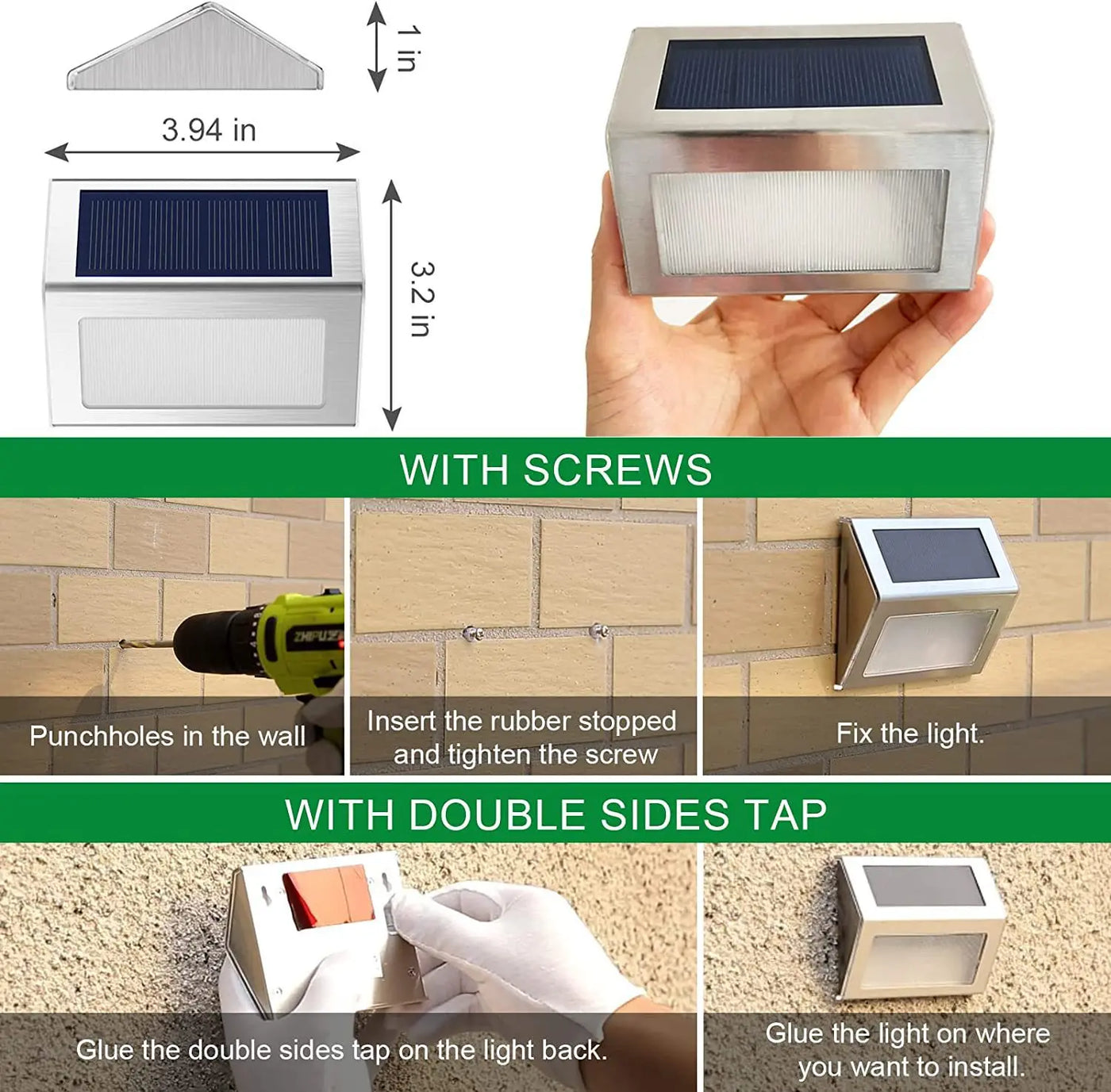 Luz de degrau 3LED de aço inoxidável, luzes solares para cerca, à prova d'água, lâmpadas de parede LED para áreas externas, luzes de deck para escada, jardim, cerca, pátio