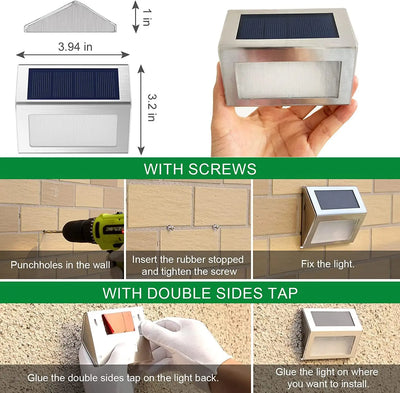 Luz de degrau 3LED de aço inoxidável, luzes solares para cerca, à prova d'água, lâmpadas de parede LED para áreas externas, luzes de deck para escada, jardim, cerca, pátio