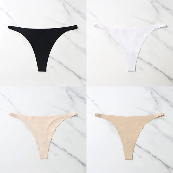 Lote com 4 peças de calcinhas sensuais sem costura, roupa íntima feminina, com cordão de seda gelo, cintura fina, tanga feminina, lisa, tanga feminina, costas nuas