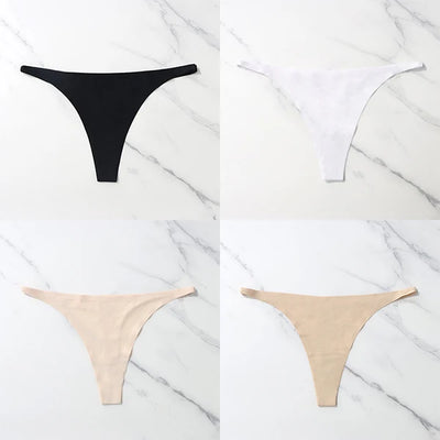 Lote com 4 peças de calcinhas sensuais sem costura, roupa íntima feminina, com cordão de seda gelo, cintura fina, tanga feminina, lisa, tanga feminina, costas nuas