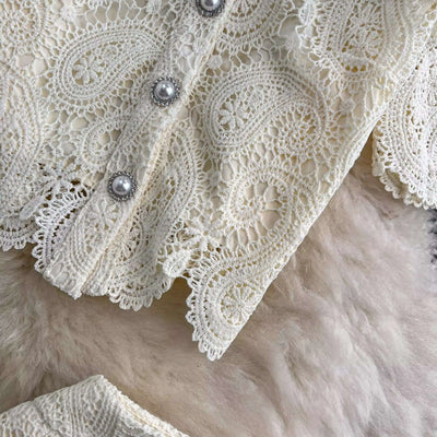 Elegante vestido longo de pérolas, conjunto feminino de 2 peças, manga curta, flor, bordado, camisa de renda, saia midi evasê