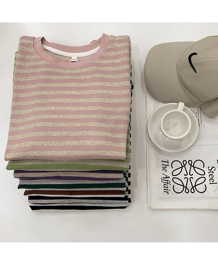 Camisetas listradas de manga curta de verão, versáteis, femininas, de malha, básicas, casuais, camisetas femininas, confortáveis, soltas, de algodão, 2023, camisa Harajuku