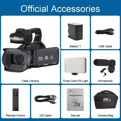 Câmera de vídeo profissional 6K para fotografia, zoom digital de 18x, visão noturna, câmera de vlog, webcam de transmissão ao vivo com WiFi de 64 MP