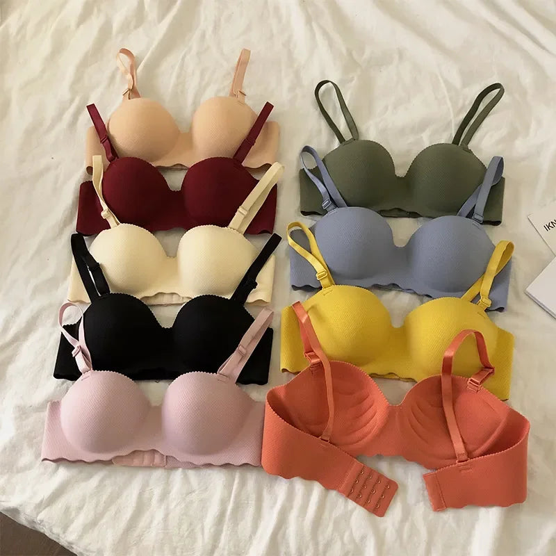 Sutiãs sensuais push up, roupa íntima sem costura para mulheres, cor sólida, lingerie sem fio, peça única, alças conversíveis, sutiã