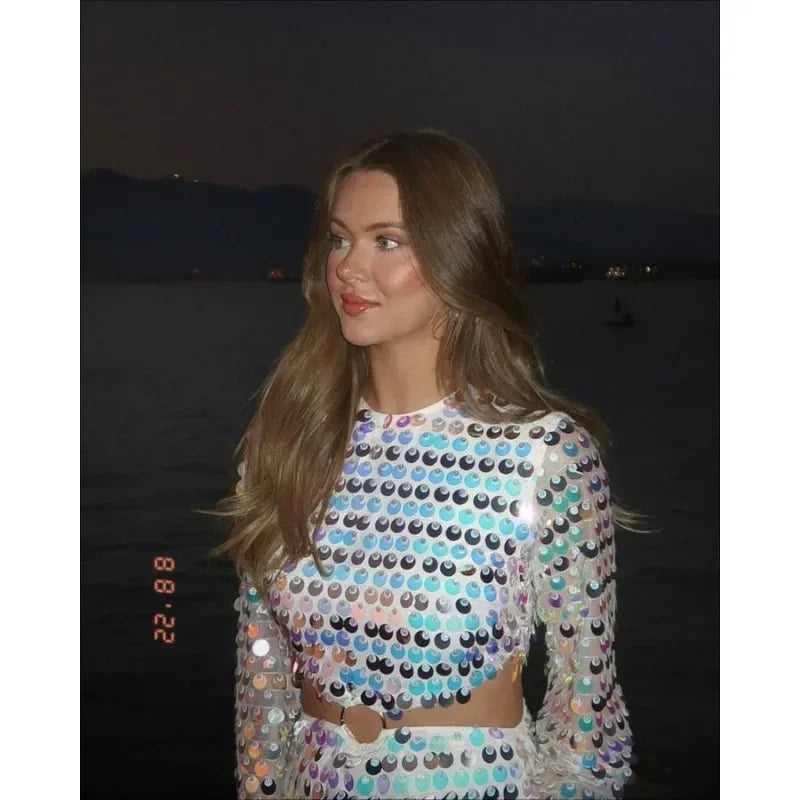 Vestido novo primavera/verão 2024, moda feminina, cor sólida, lantejoulas, manga flare, vestido feminino sexy, gola redonda, irregularular Mini Dress