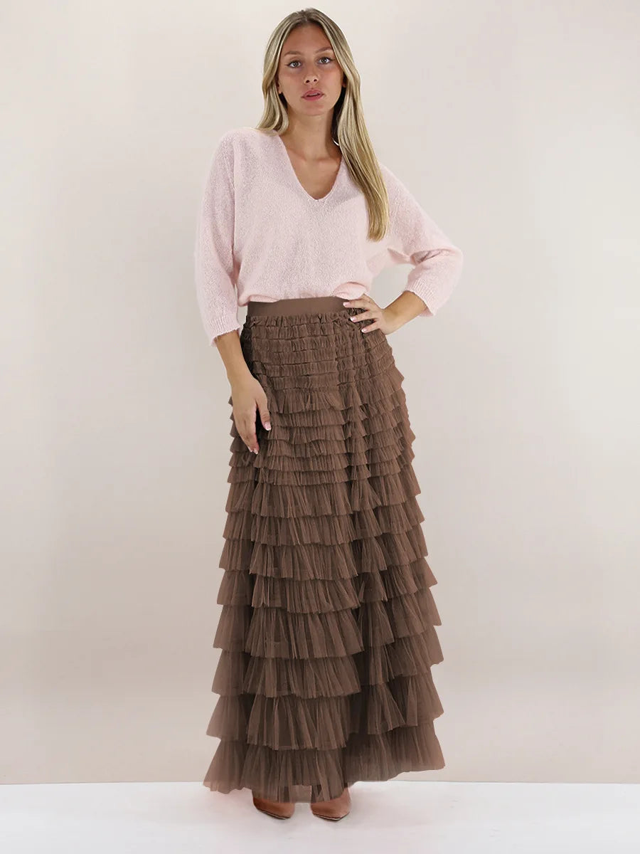 Saias casuais sólidas femininas em camadas, saia de tule com cintura alta, plissada, longa, tutu, elegantes, para mulheres, malha selvagem, saias longas para encontros