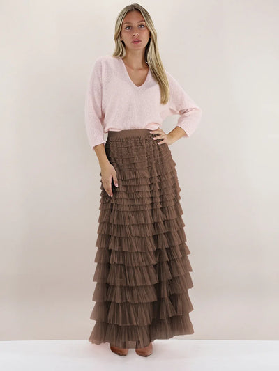 Saias casuais sólidas femininas em camadas, saia de tule com cintura alta, plissada, longa, tutu, elegantes, para mulheres, malha selvagem, saias longas para encontros