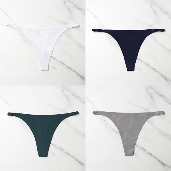 Lote com 4 peças de calcinhas sensuais sem costura, roupa íntima feminina, com cordão de seda gelo, cintura fina, tanga feminina, lisa, tanga feminina, costas nuas