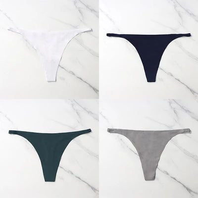 Lote com 4 peças de calcinhas sensuais sem costura, roupa íntima feminina, com cordão de seda gelo, cintura fina, tanga feminina, lisa, tanga feminina, costas nuas