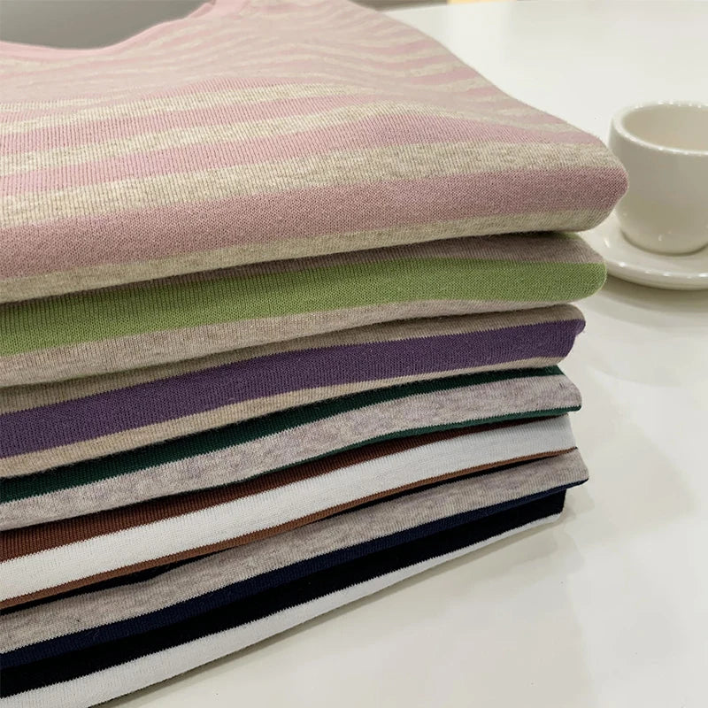Camisetas listradas de manga curta de verão, versáteis, femininas, de malha, básicas, casuais, camisetas femininas, confortáveis, soltas, de algodão, 2023, camisa Harajuku