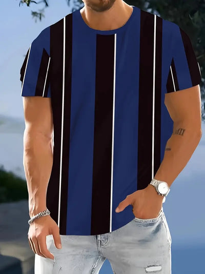 Camiseta masculina para atividades ao ar livre, moda verão, casual, gola redonda, manga curta, listrada, estilo estampado, tamanho asiático, roupa masculina, camiseta