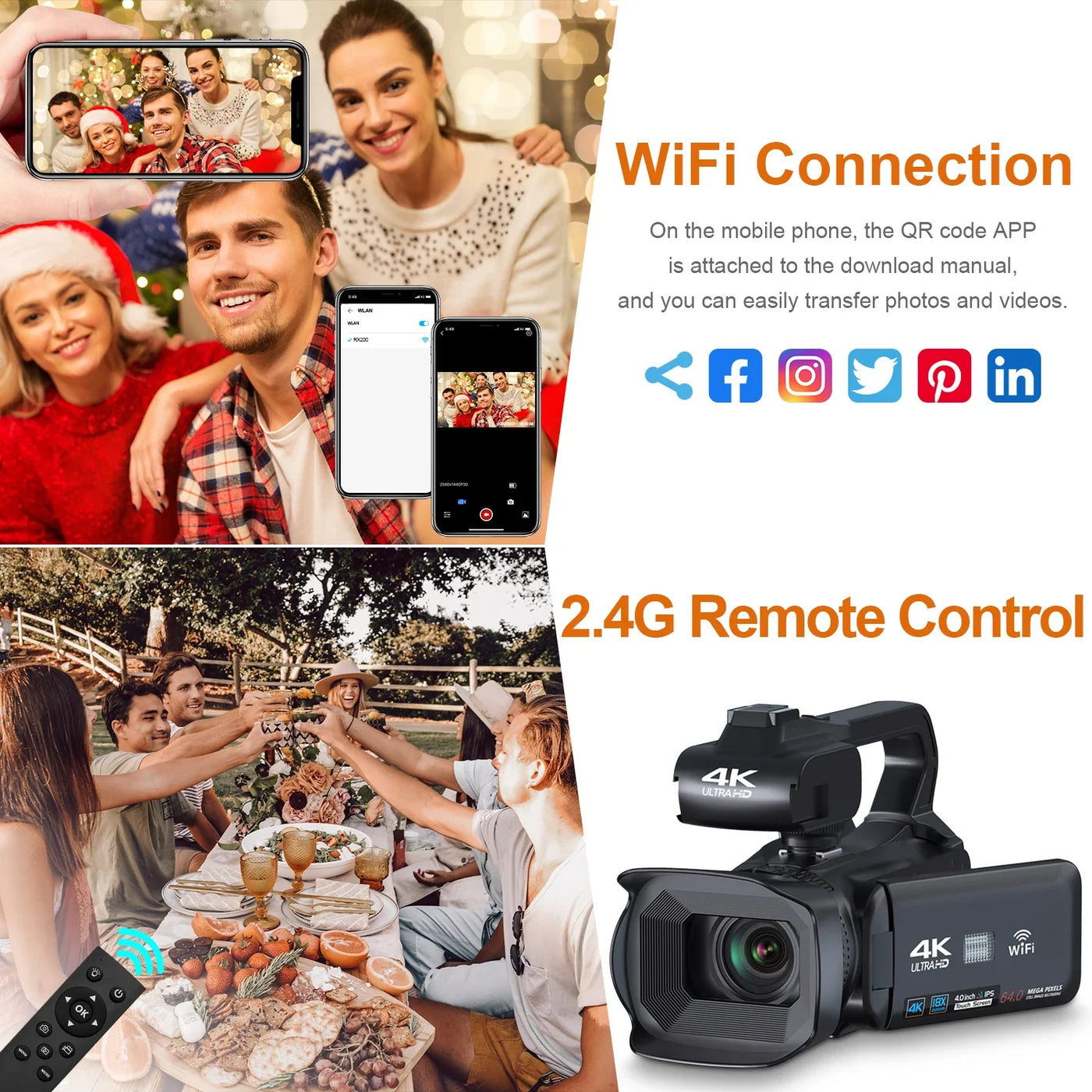 Câmera de vídeo profissional 6K para fotografia, zoom digital de 18x, visão noturna, câmera de vlog, webcam de transmissão ao vivo com WiFi de 64 MP