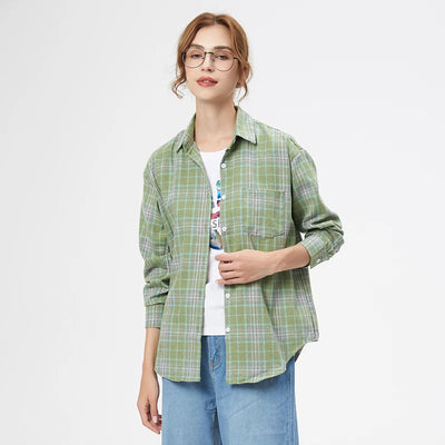 Camisa xadrez de flanela feminina 2024, novas blusas e tops femininos, camisas casuais de manga comprida soltas de algodão, roupas femininas finas