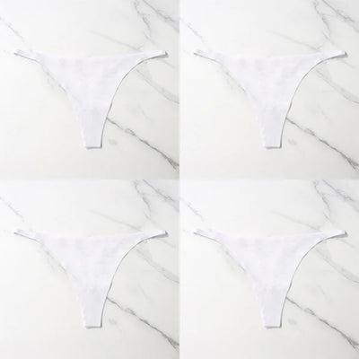 Lote com 4 peças de calcinhas sensuais sem costura, roupa íntima feminina, com cordão de seda gelo, cintura fina, tanga feminina, lisa, tanga feminina, costas nuas