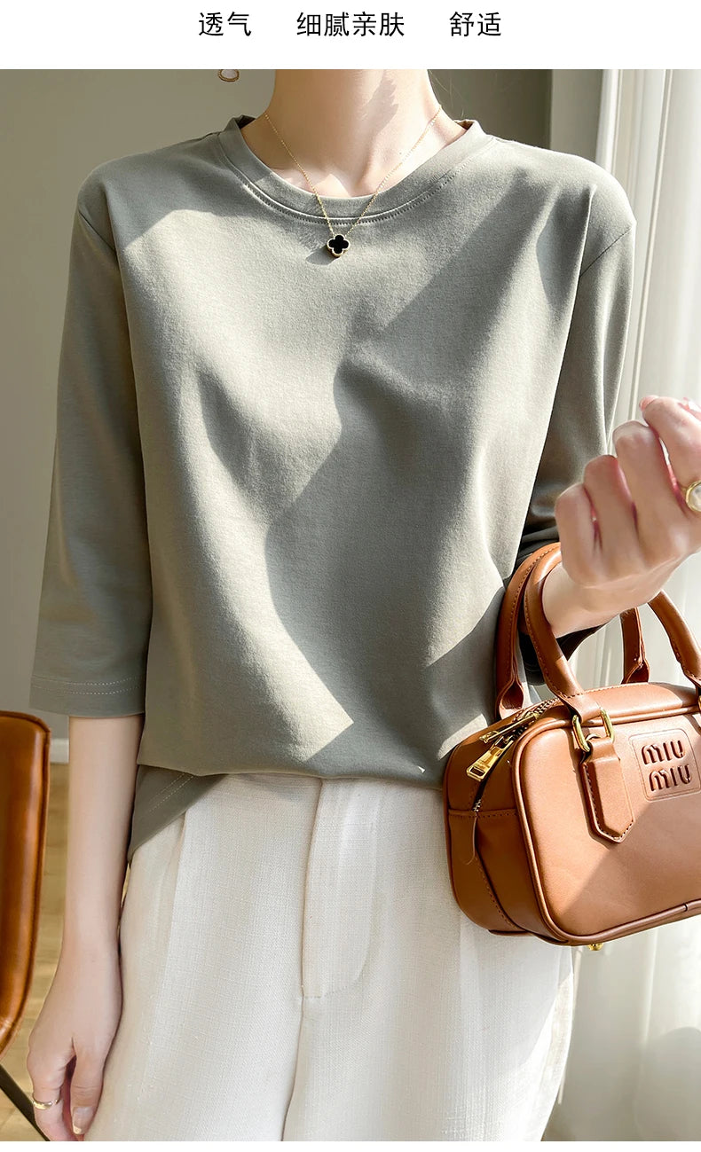 Camiseta feminina de manga curta de algodão mercerizado branco, nova primavera e verão, coringa, algodão, manga curta, camisa