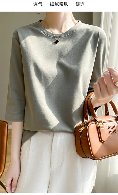 Camiseta feminina de manga curta de algodão mercerizado branco, nova primavera e verão, coringa, algodão, manga curta, camisa