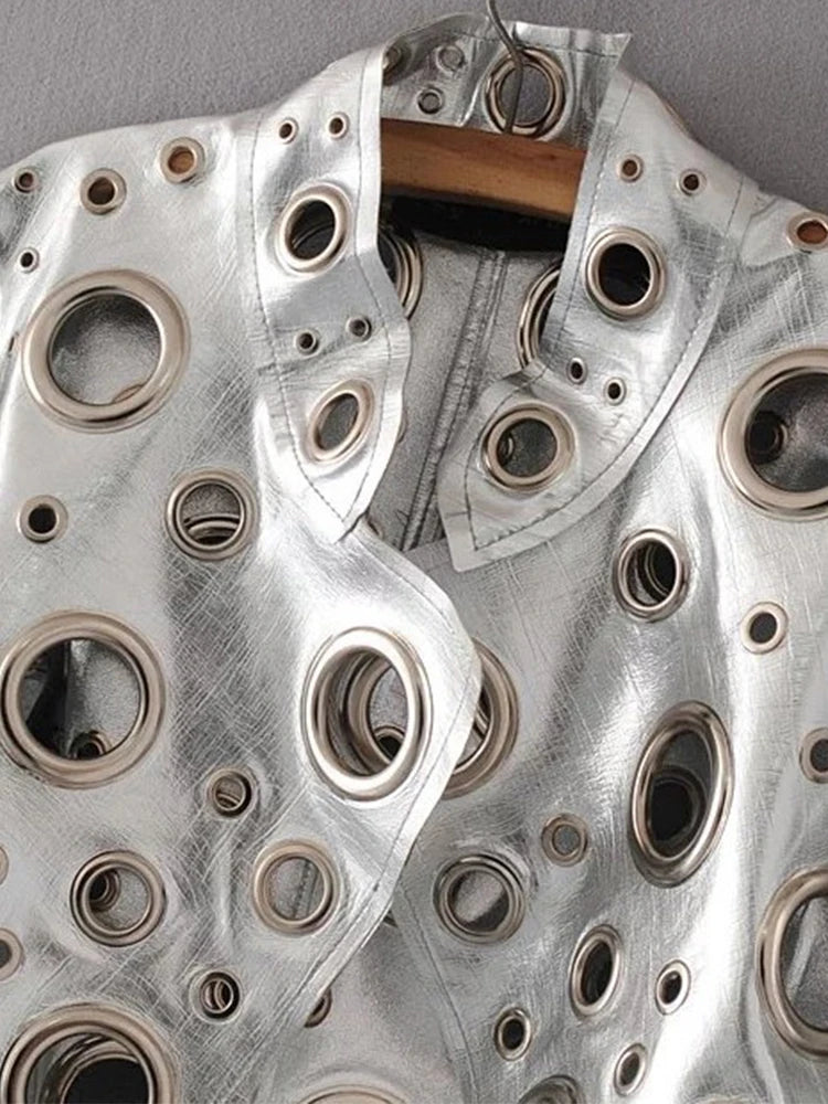 Jaqueta curta de couro sintético Lautaro Runway com recorte dourado e rebite, roupas de grife estilosas e estilosas para mulheres, moda europeia e americana 2022