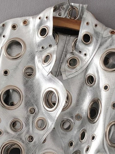 Jaqueta curta de couro sintético Lautaro Runway com recorte dourado e rebite, roupas de grife estilosas e estilosas para mulheres, moda europeia e americana 2022