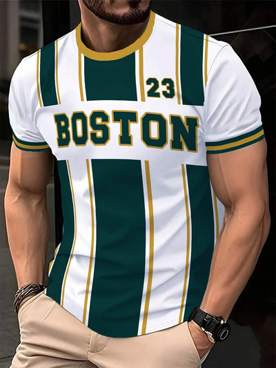 Camiseta masculina para atividades ao ar livre, moda verão, casual, gola redonda, manga curta, listrada, estilo estampado, tamanho asiático, roupa masculina, camiseta