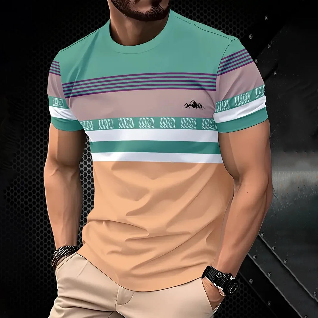 Camiseta masculina clássica de verão para atividades ao ar livre, gola redonda, manga curta, listrada, estampa de rua, camiseta solta, roupa grande masculina
