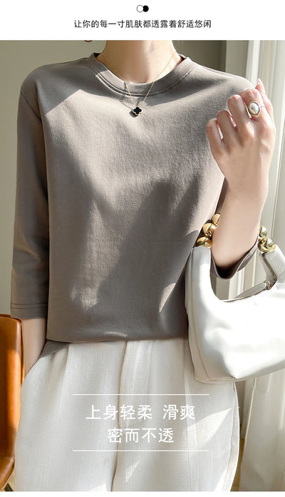 Camiseta feminina de manga curta de algodão mercerizado branco, nova primavera e verão, coringa, algodão, manga curta, camisa