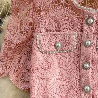 Elegante vestido longo de pérolas, conjunto feminino de 2 peças, manga curta, flor, bordado, camisa de renda, saia midi evasê