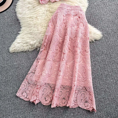 Elegante vestido longo de pérolas, conjunto feminino de 2 peças, manga curta, flor, bordado, camisa de renda, saia midi evasê