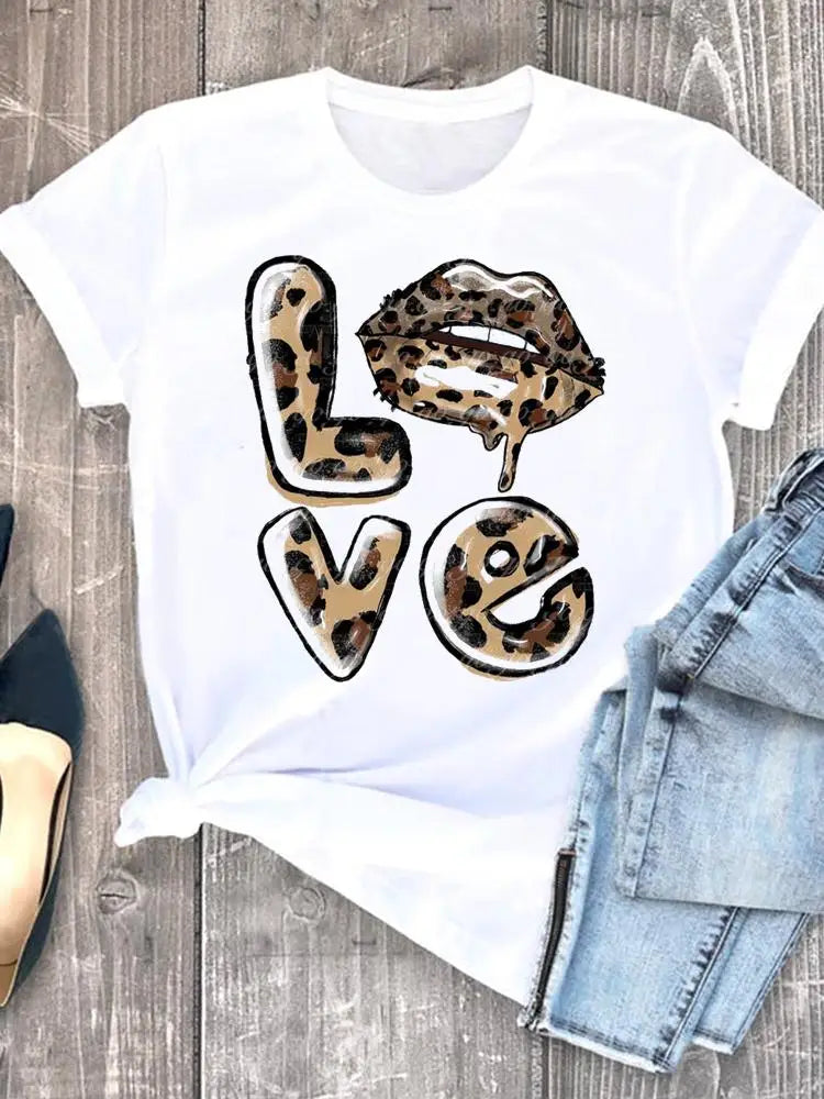 Roupas de verão leopardo amor coração doce moda feminina camisetas casuais manga curta regular camiseta feminina gráfica roupas
