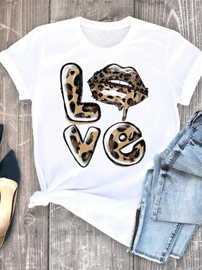 Roupas de verão leopardo amor coração doce moda feminina camisetas casuais manga curta regular camiseta feminina gráfica roupas