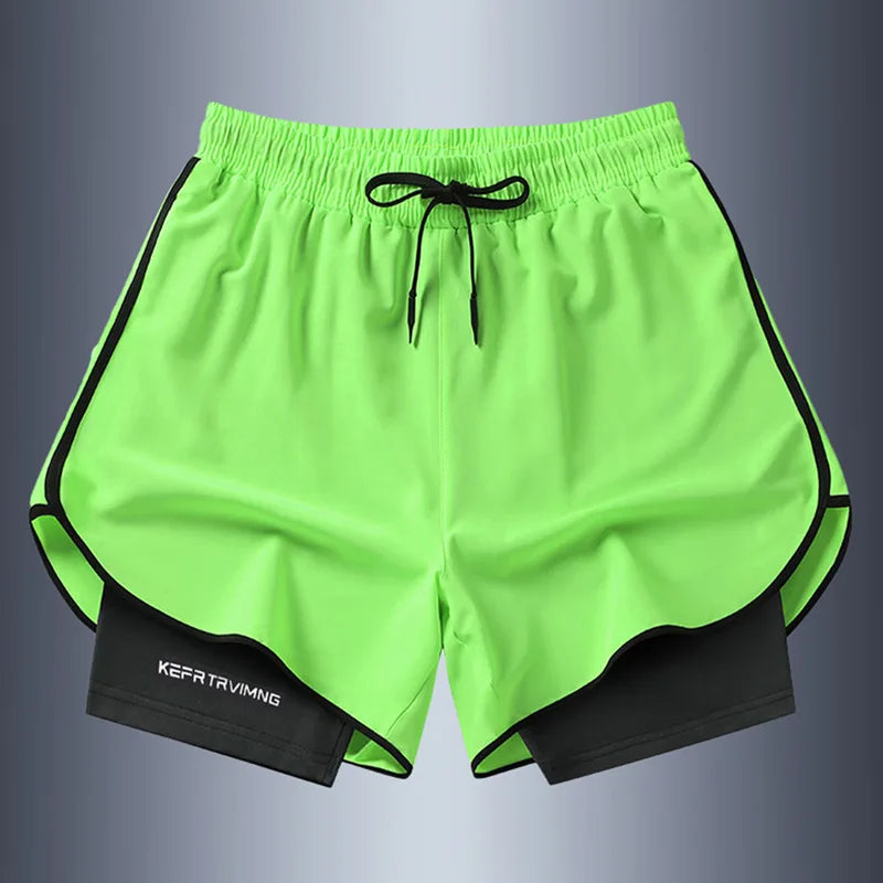 Shorts esportivos casuais anti-exposição de camada dupla masculinos, mais vendidos no verão, para corrida, fitness, calças três quartos