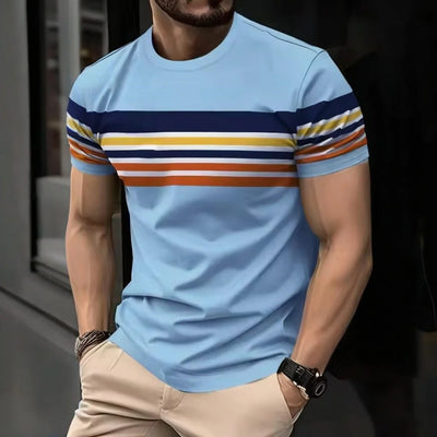 Camiseta masculina para atividades ao ar livre, moda verão, casual, gola redonda, manga curta, listrada, estilo estampado, tamanho asiático, roupa masculina, camiseta