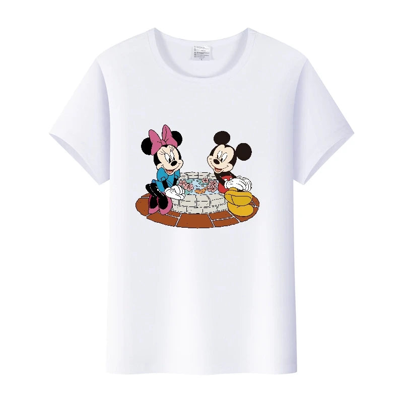 Camisetas fofas de desenho animado da Disney, Mickey Mouse, estampa de leopardo, Minnie, camiseta feminina, verão, branca, manga curta, gola redonda, tops masculinos