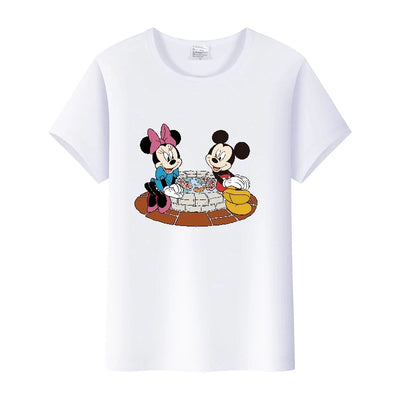 Camisetas fofas de desenho animado da Disney, Mickey Mouse, estampa de leopardo, Minnie, camiseta feminina, verão, branca, manga curta, gola redonda, tops masculinos