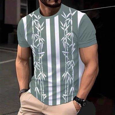 Camiseta listrada casual masculina 2025, manga curta, camisetas grandes, gola redonda, pulôver, camisas masculinas de rua, roupas de verão
