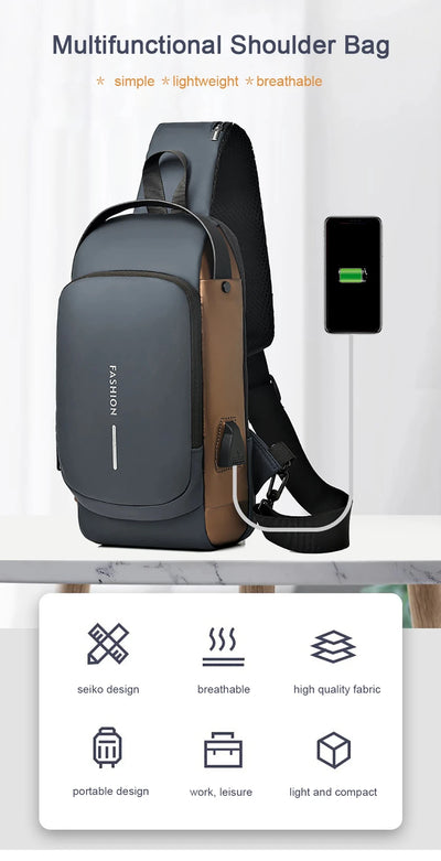 Geestock Bolsa transversal antifurto para mulheres e homens, multifuncional, com carregamento USB, bolsa de ombro, mensageiro, bolsa de viagem tipo tiracolo